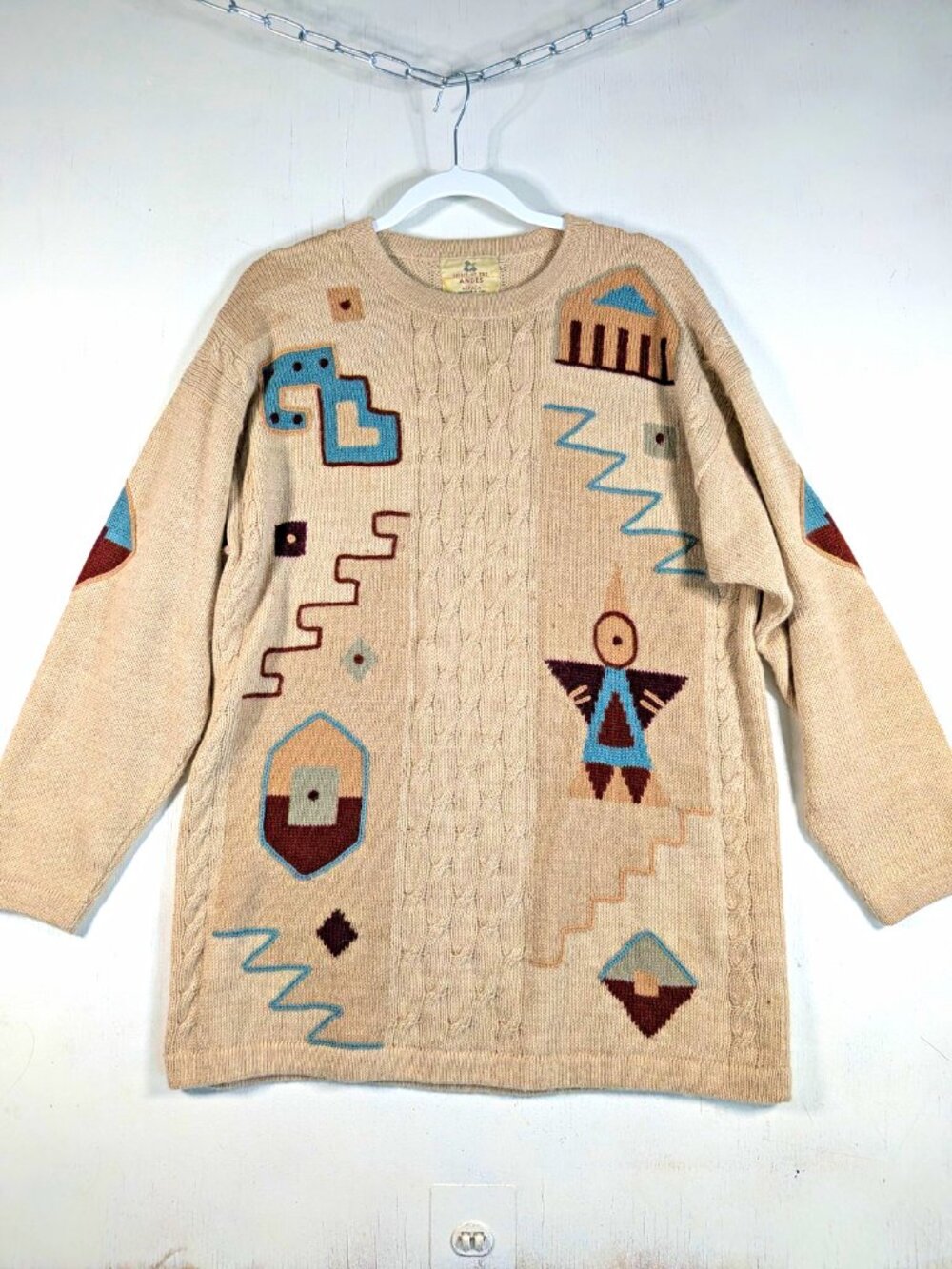 Vintage Spirit of the Andes Alpaca Wool Sweater Women L Beige Cable Knit Crew